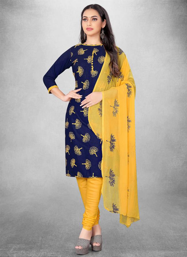 Slub Cotton Navy Blue Casual Wear Embroidery Work Churidar Suit